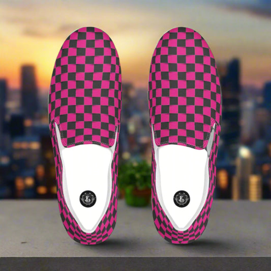 Women’s Custom Pink and Black Checkerboard Pattern Slip-On Canvas Sneakers