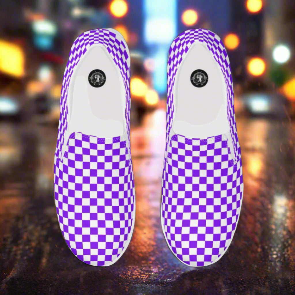 Women’s Custom Slip-On Canvas Shoes Purple and White Checkerboard Pattern