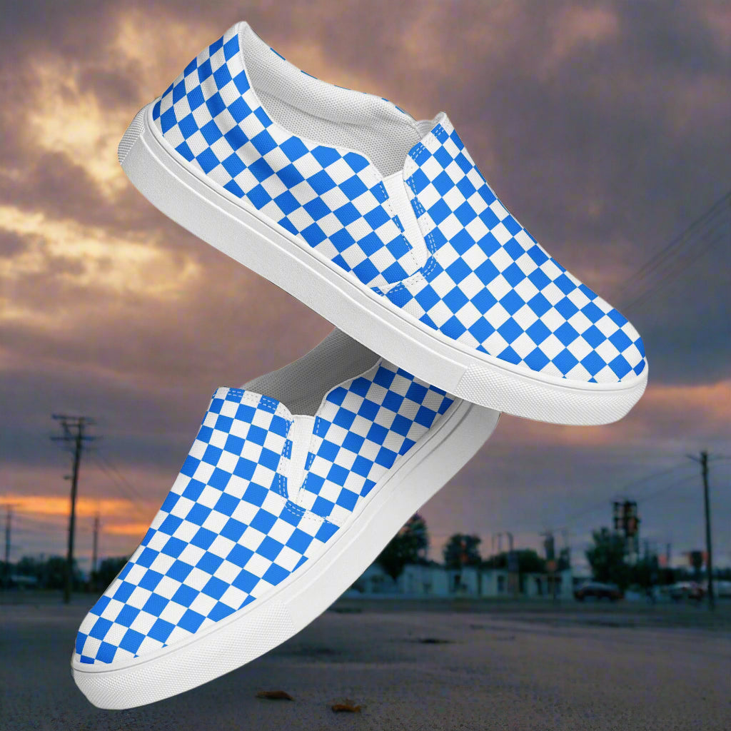 Women’s Custom Slip-On Canvas Sneakers Blue Checkerboard Pattern