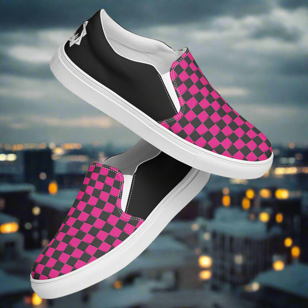 Women’s Pink and Black Checkered Slip-On Canvas Sneakers Halftone