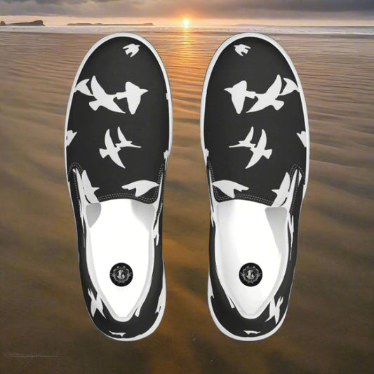Women’s Black Slip-on Canvas Shoes with White Birds Animal Print