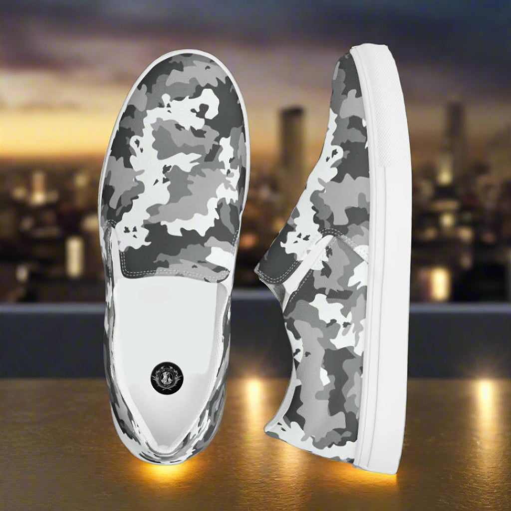 Women’s Black and White Camo Slip-On Canvas Sneakers