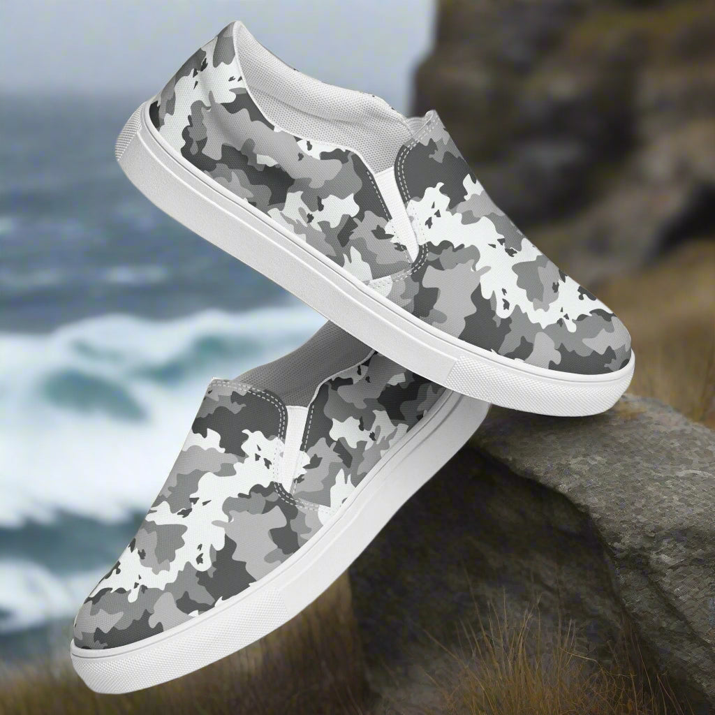 Women’s Black and White Camo Slip-On Canvas Sneakers