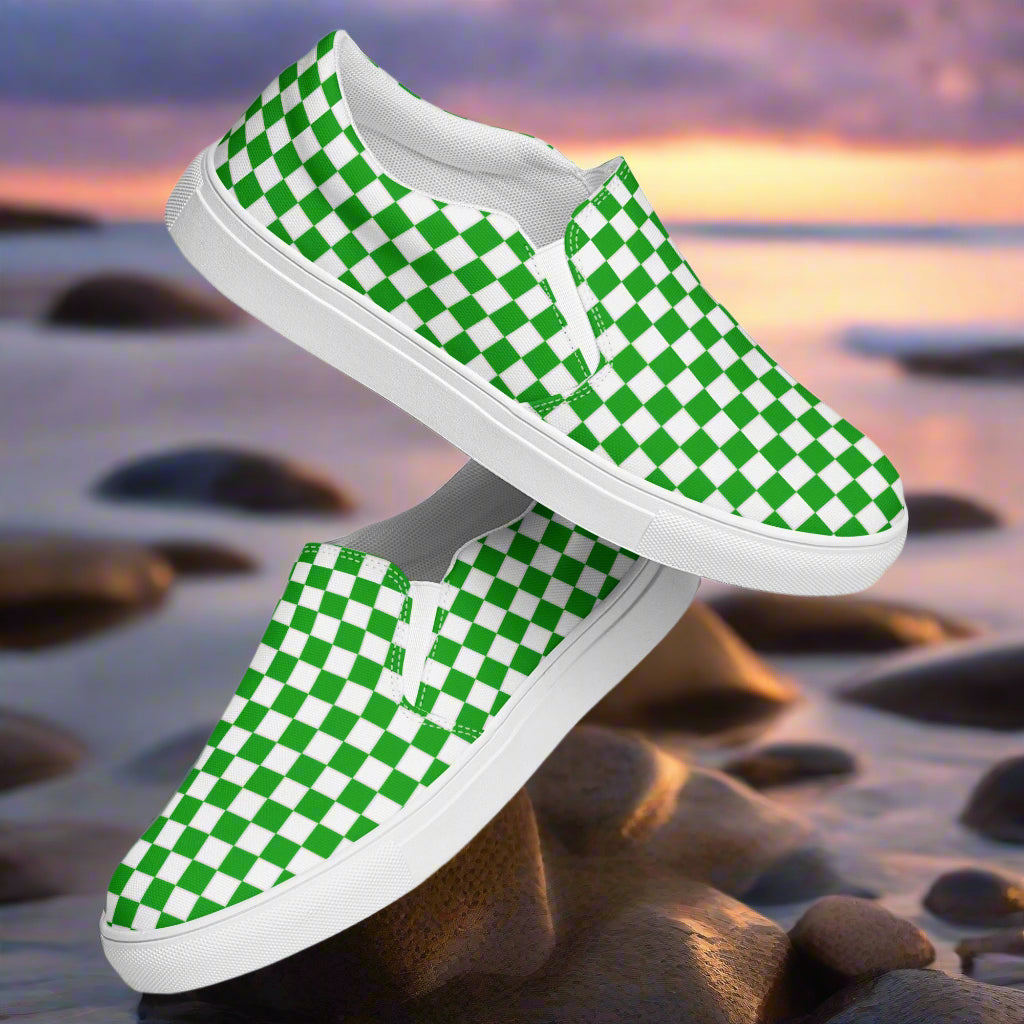 Women’s Custom Slip-On Canvas Sneakers Green and White Checkered Pattern