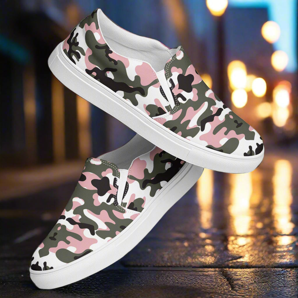 Women’s Custom Slip-On Canvas Shoes Pink and Black Urban Camo Print
