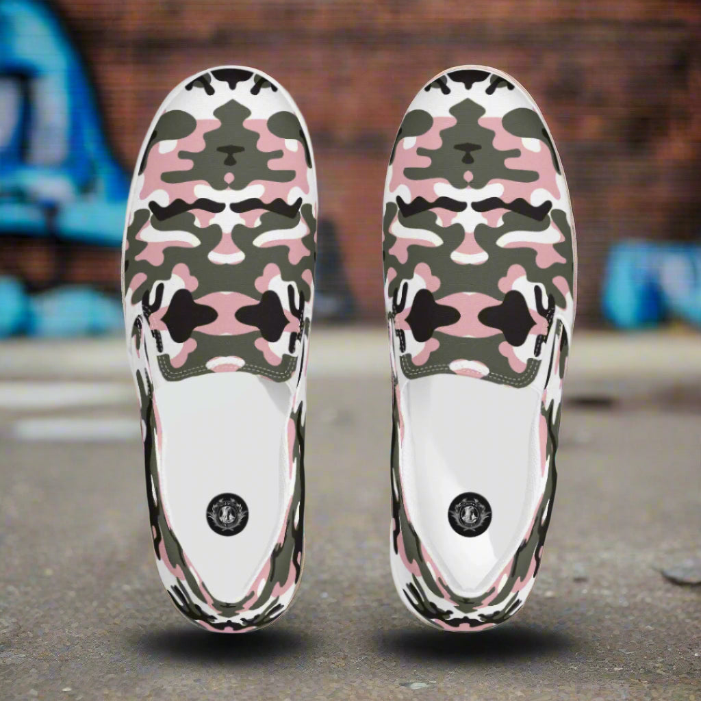 Women’s Custom Slip-On Canvas Shoes Pink and Black Urban Camo Print