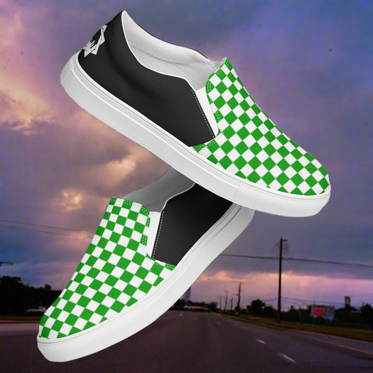 Women’s Slip-On Canvas Sneakers Green and White Checkered Halftone