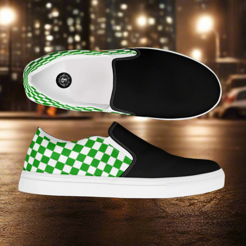 Women’s Green and White Checkered Slip-On Canvas Shoes Two Tone