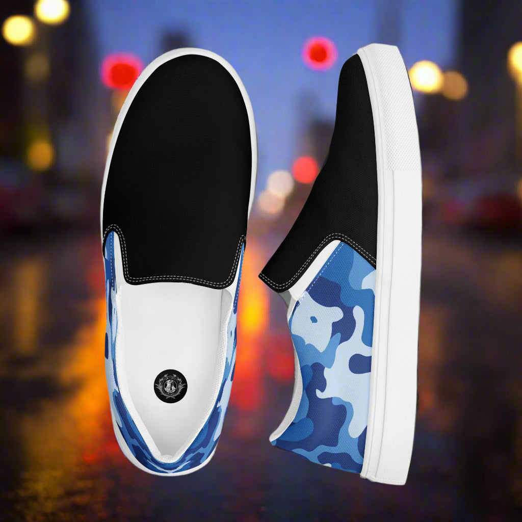 Women’s Custom Slip-On Canvas Shoes Blue Camo Print Two-Tone