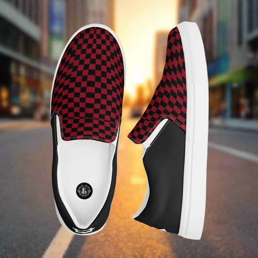 Women’s Custom Slip-On Canvas Shoes Black and Red Checkered Print - Halftone Pattern