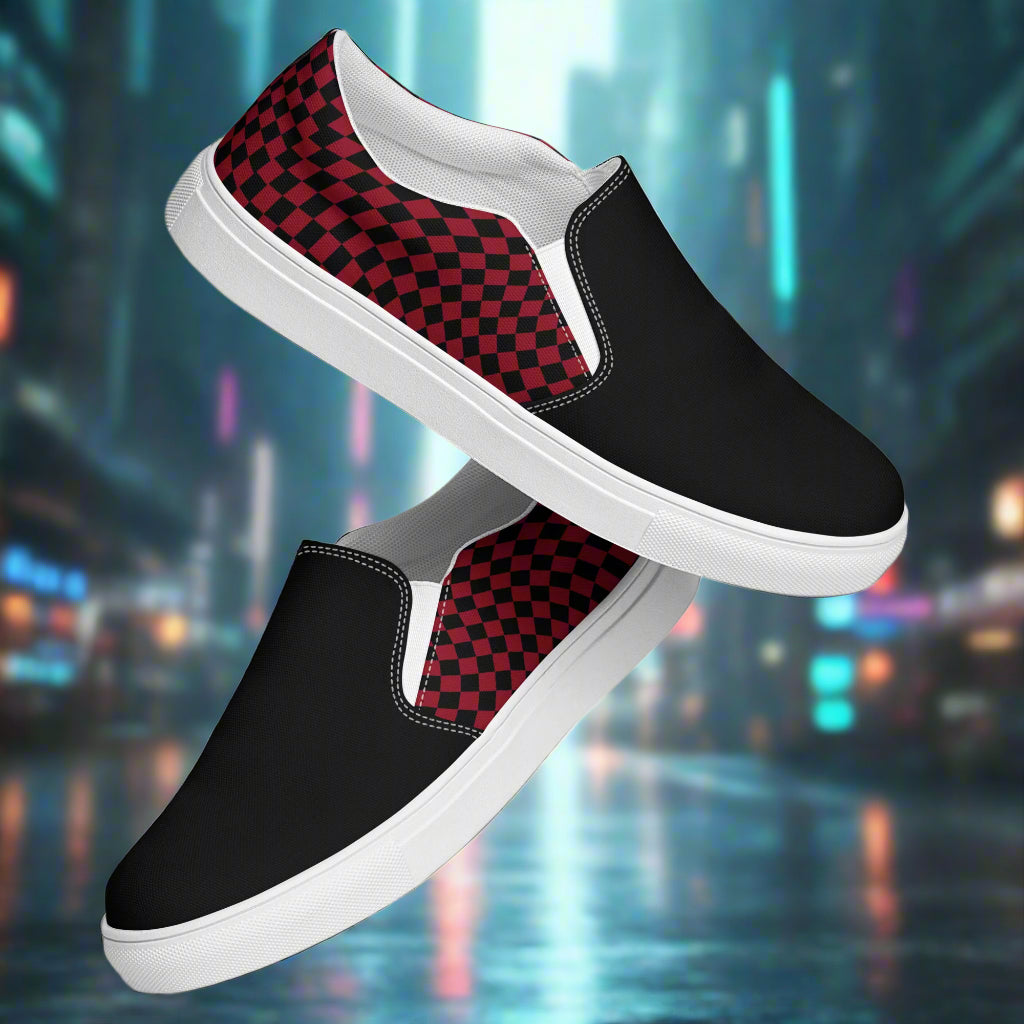 Women’s Custom Skater Style Slip-On Canvas Shoes Black and Red Checkered Two-Tone Pattern
