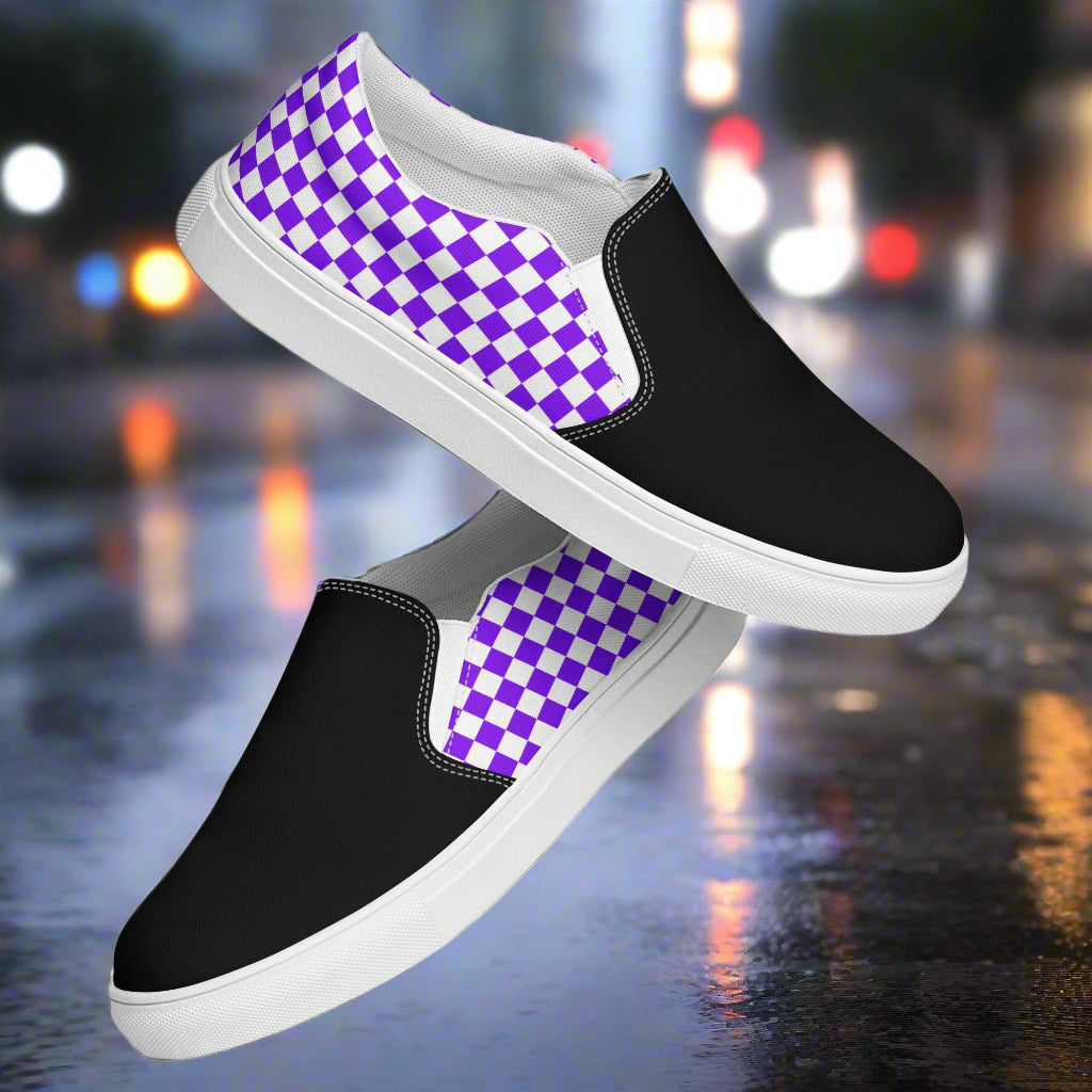Women’s Custom Purple and White Checks Slip-On Canvas Sneakers Two Tone