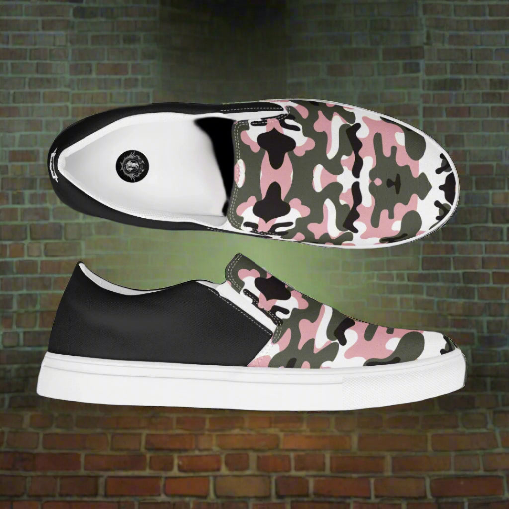Women’s Custom Slip-On Canvas Shoes Pink & Black Camo Two-Tone