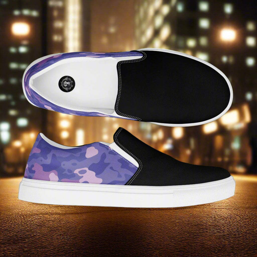 Women’s Custom Slip-On Canvas Sneakers Purple Camo Two-Tone