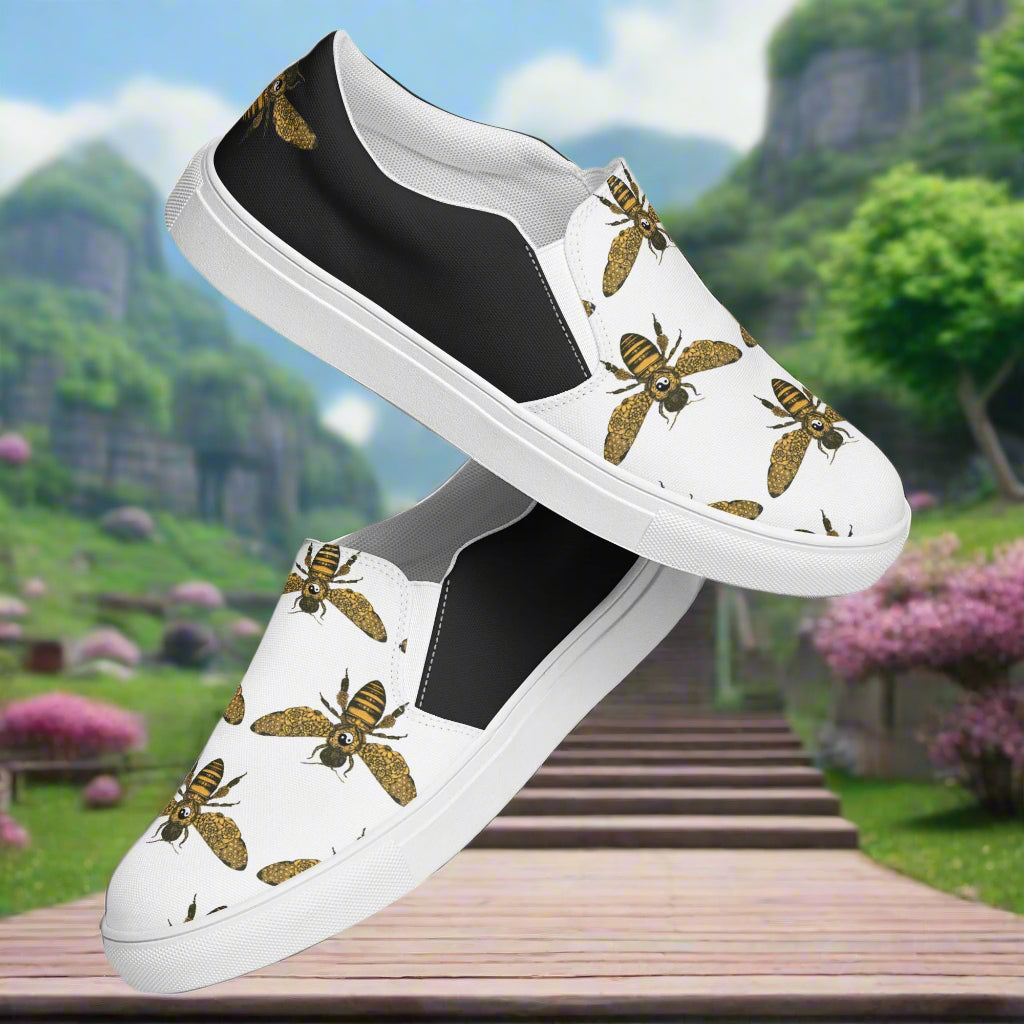 Custom Women’s Slip-on Canvas Shoes Bumblebee Print Two-Tone