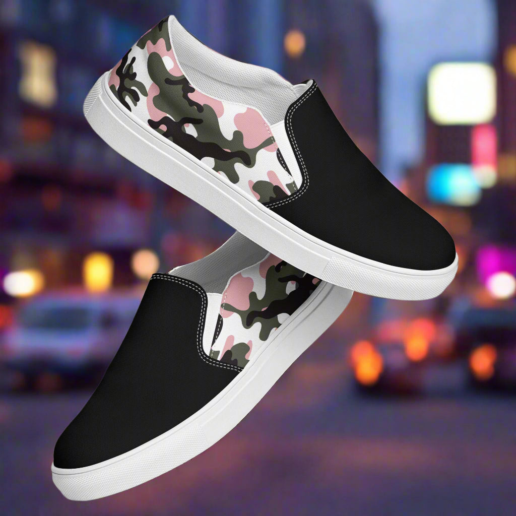 Women’s Custom Slip-On Canvas Shoes Pink and Black Camo Two-Tone