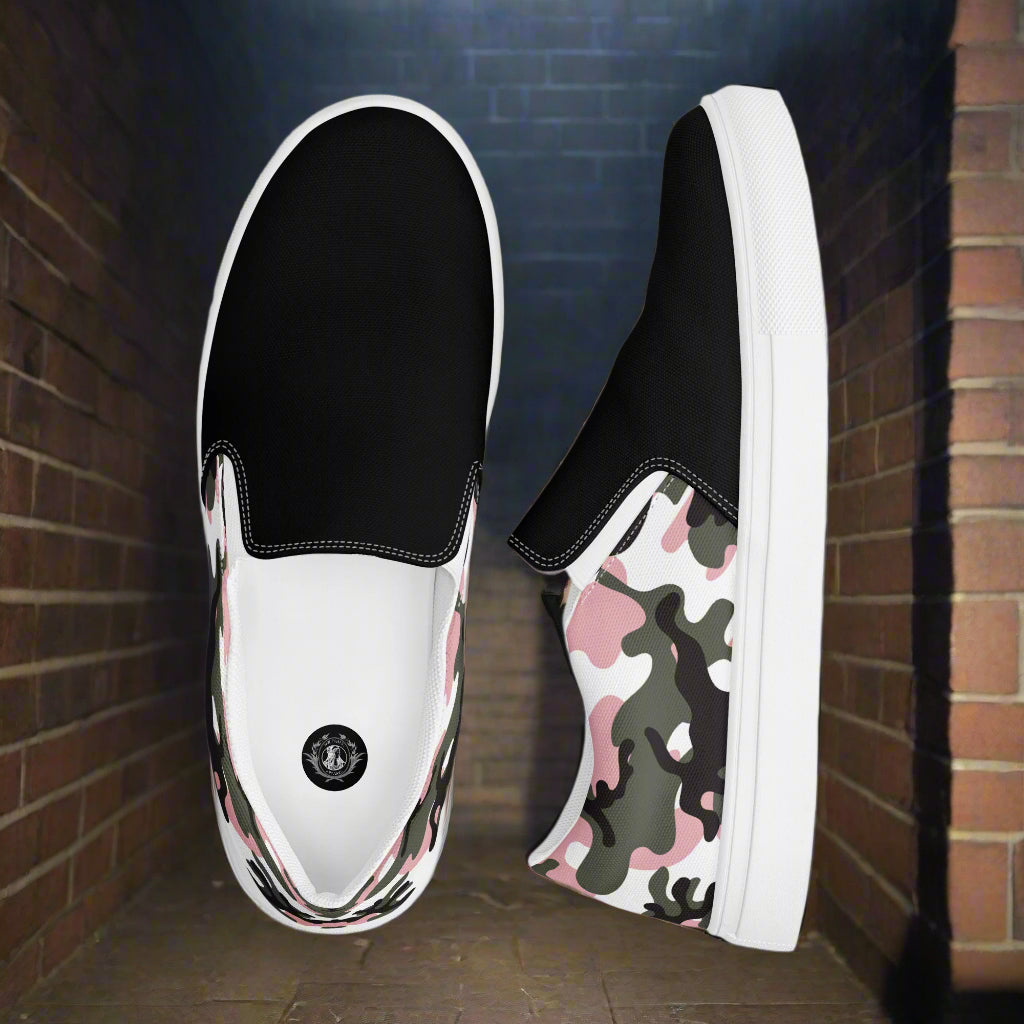Women’s Custom Slip-On Canvas Shoes Pink and Black Camo Two-Tone
