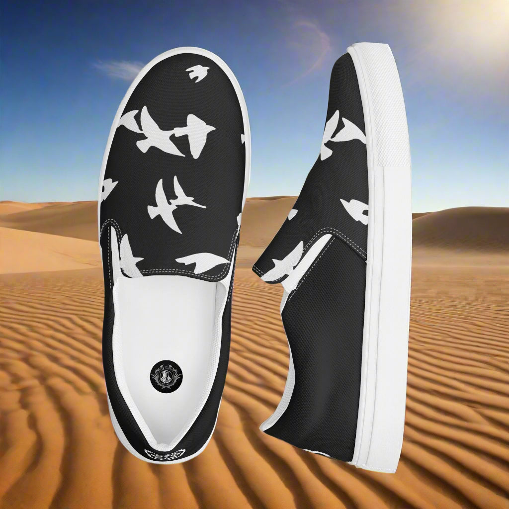 Black Women’s Slip-on Canvas Shoes with White Bird animal print Two-tone