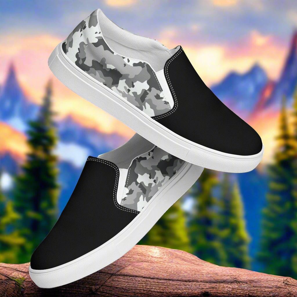 Women’s Black and White Camo Slip-On Canvas Shoes Two Tone