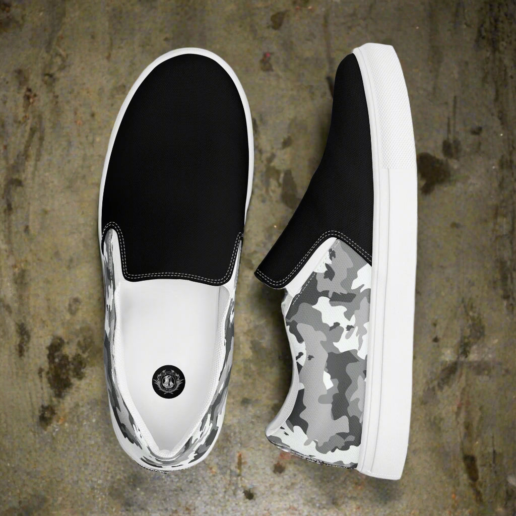 Women’s Black and White Camo Slip-On Canvas Shoes Two Tone