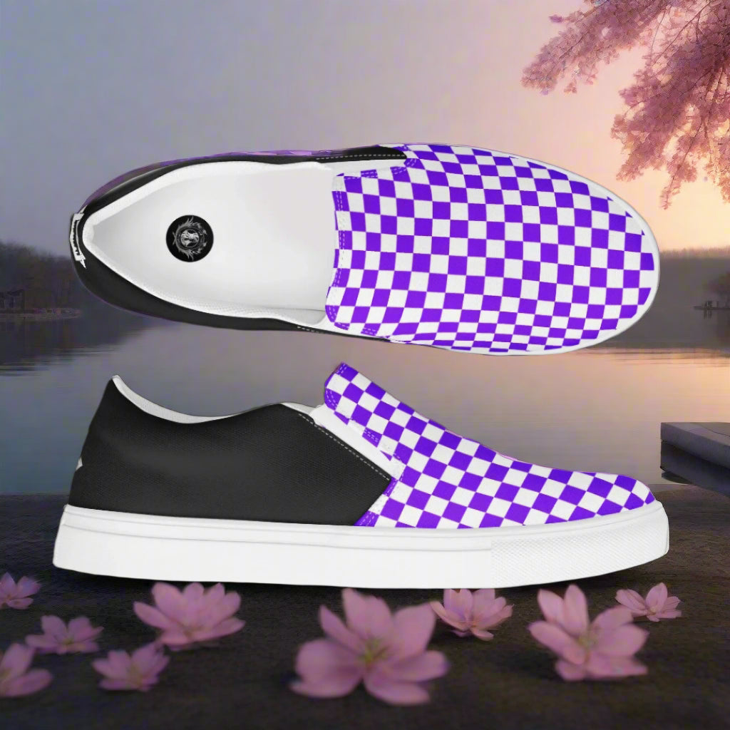 Purple on White Checkerboard Women’s Slip-On Canvas Sneakers