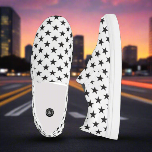 Custom Women’s Slip-On Canvas Shoes White with a Black Star Pattern