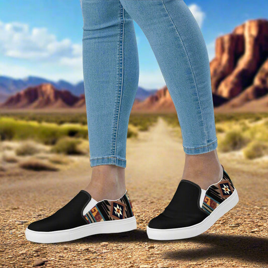 Southwest Print Women’s Custom Slip On Canvas Shoes Native American Geometric Pattern Two Tone