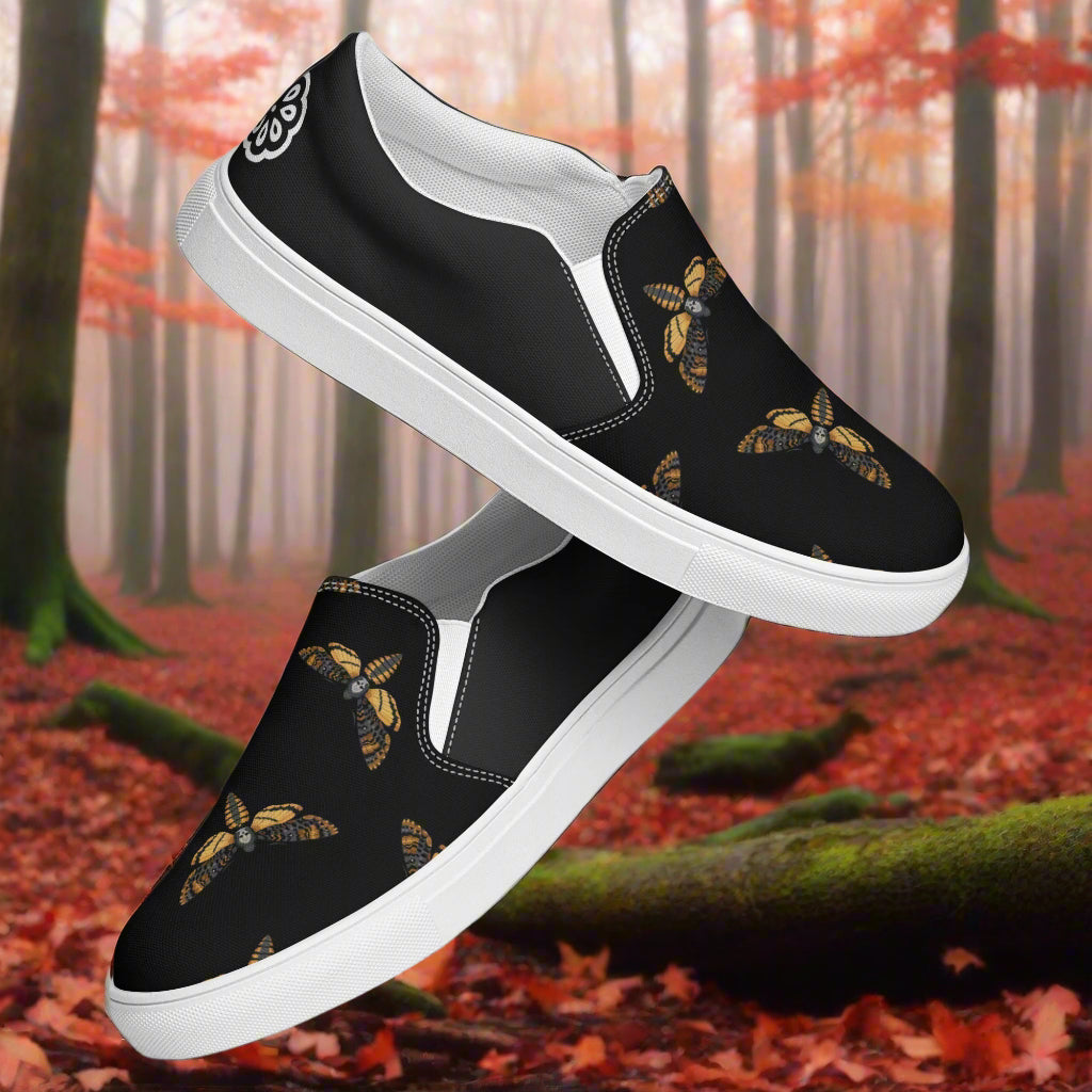 Women’s Custom Slip-on Canvas Shoes Black Moth Animal Print Two Tone