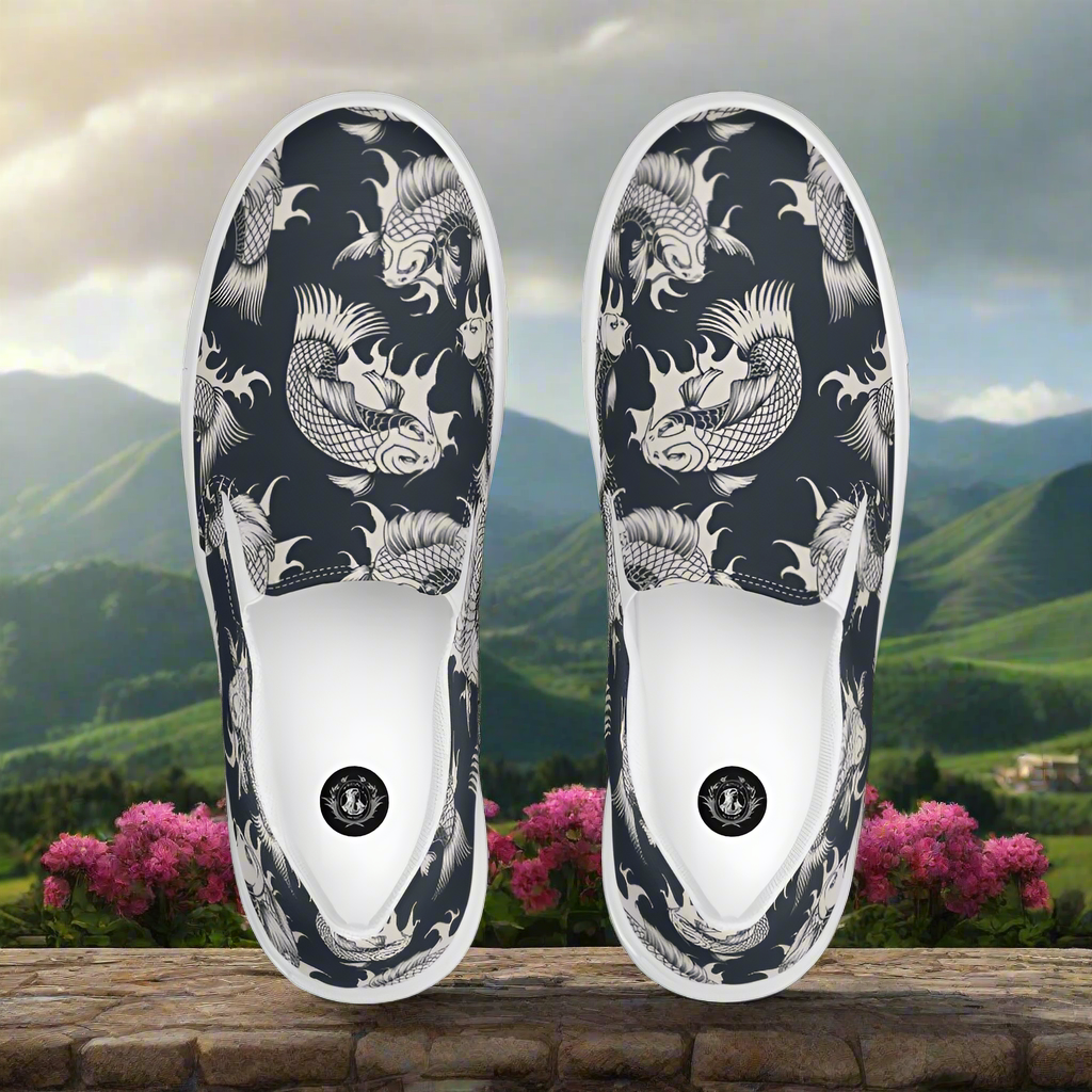 Women’s Designer, Slip-on Canvas Shoes, Black with White Koi Swimming, Asian Pattern Sneakers