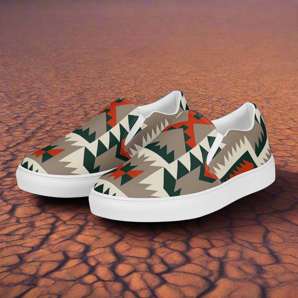 Women’s Southwest Print, Custom Slip-on Canvas Shoes, Native American Geometric Pattern, Big Mesa