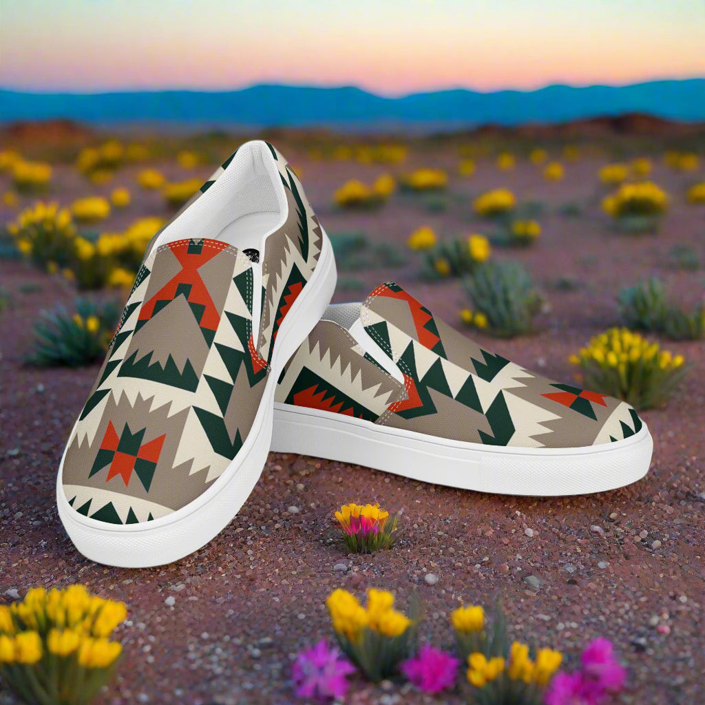 Women’s Southwest Print, Custom Slip-on Canvas Shoes, Native American Geometric Pattern, Big Mesa