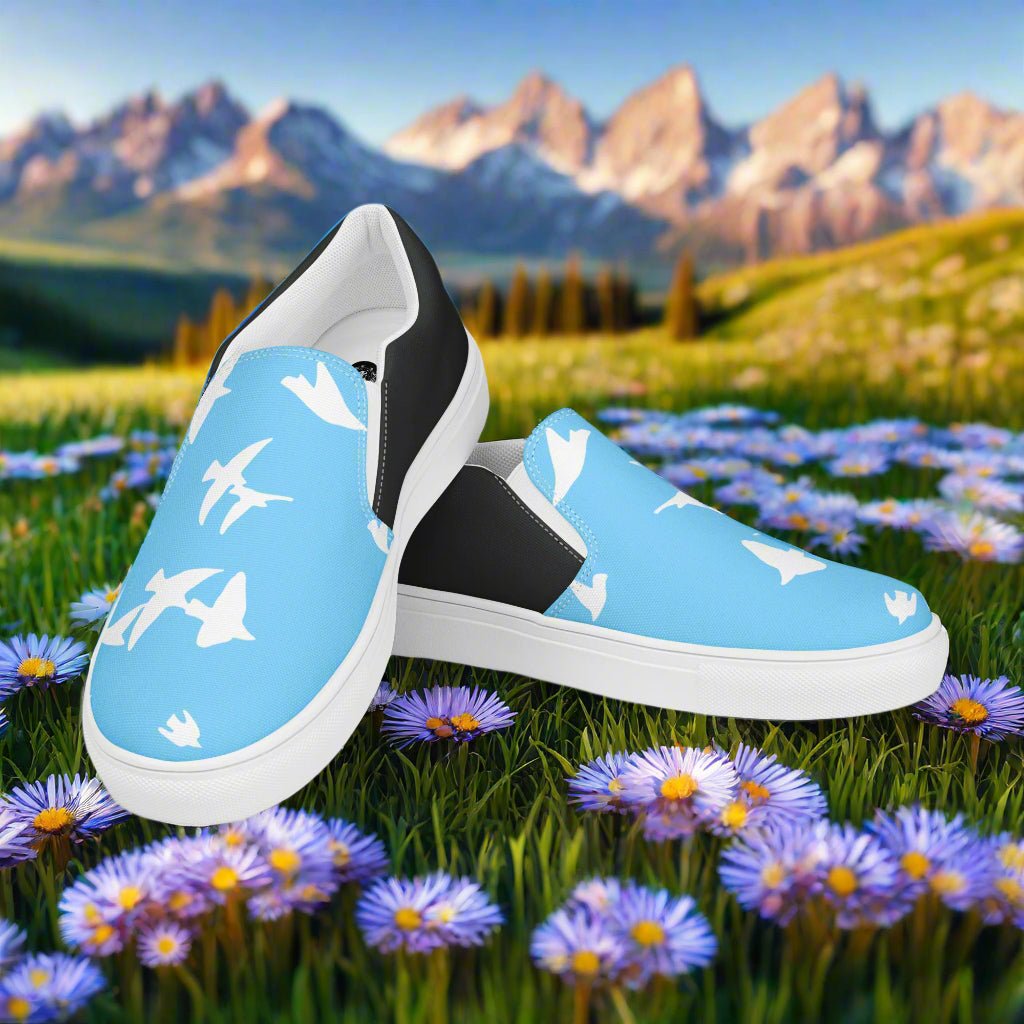 Women’s Custom, Slip-on Animal Print Canvas Shoes, Pastel Blue with White Birds Flying Two-Tone