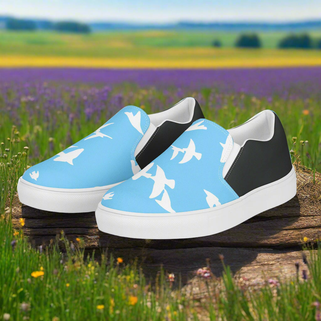 Women’s Custom, Slip-on Animal Print Canvas Shoes, Pastel Blue with White Birds Flying Two-Tone