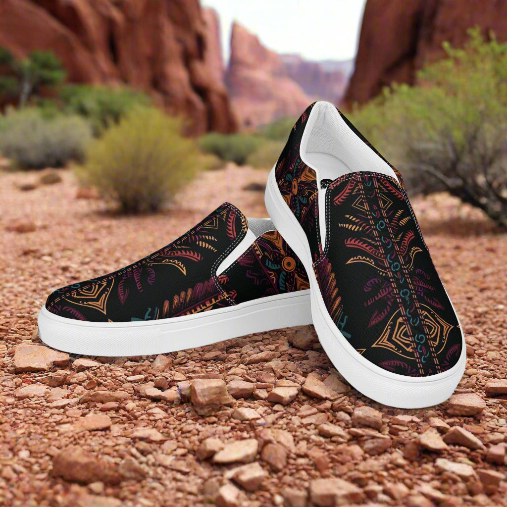 Women’s Southwest Print, Slip-on Canvas Shoes, Native American, Geometric Pattern, Iktomi