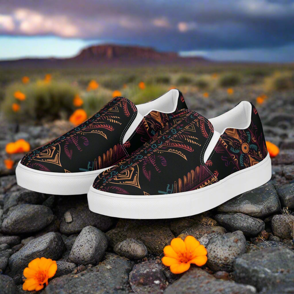 Women’s Southwest Print, Slip-on Canvas Shoes, Native American, Geometric Pattern, Iktomi