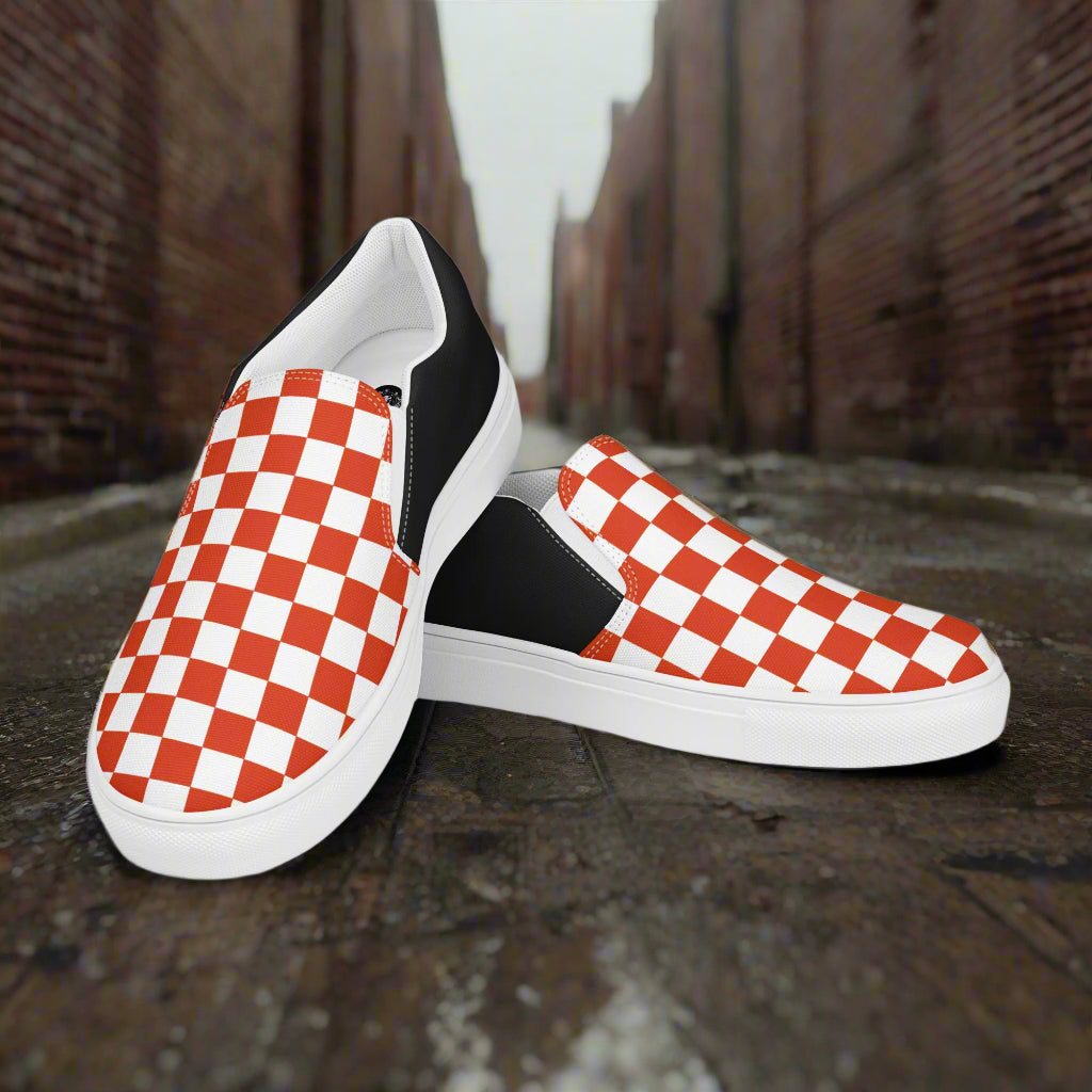 Women’s Custom Slip-on Canvas Shoes, Streetwear Styled, Red Checkerboard Pattern, Halftone