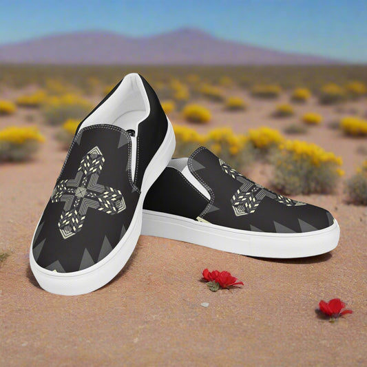Women’s Southwest Print, Slip-on Canvas Shoes, Native American, Geometric Pattern, Oljato Halftone