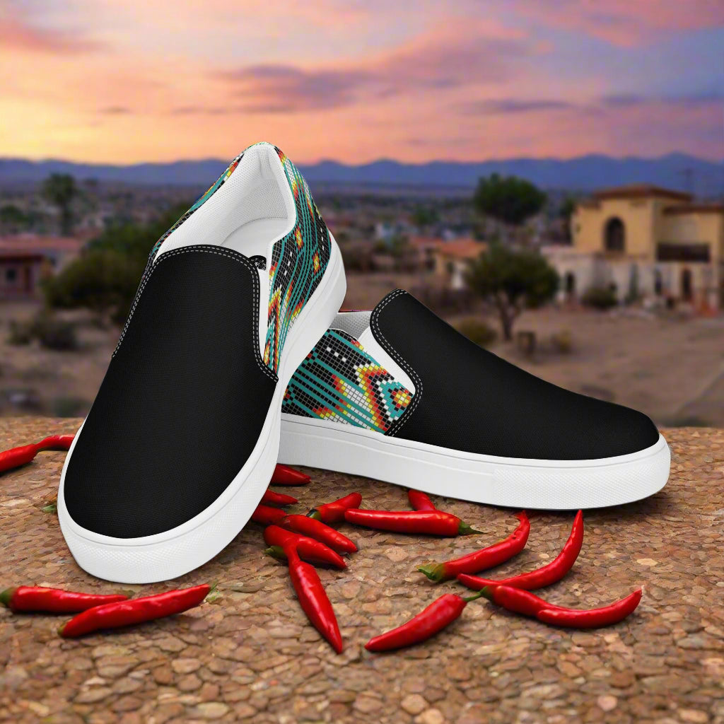 Women’s Southwest Print, Custom Slip-on Canvas Shoes, Native American Geometric Pattern, Hotai, Two-Tone