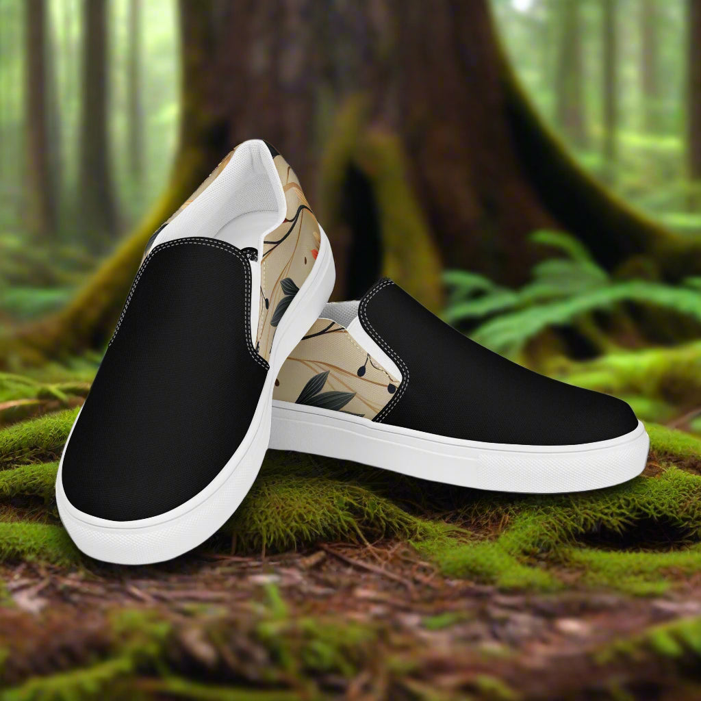 Women’s Custom Floral Print Slip-on Canvas Shoes, Autumn Fire Two-Tone