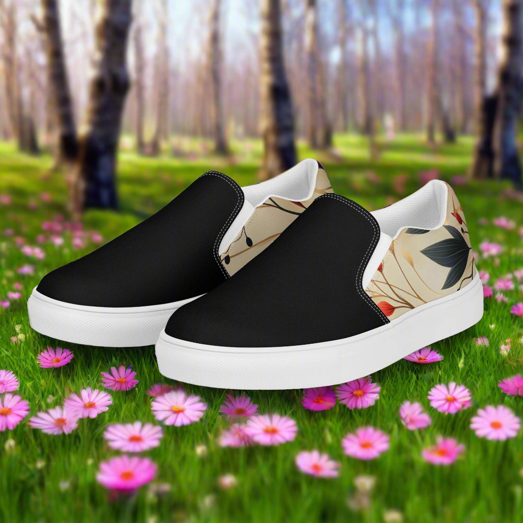 Women’s Custom Floral Print Slip-on Canvas Shoes, Autumn Fire Two-Tone