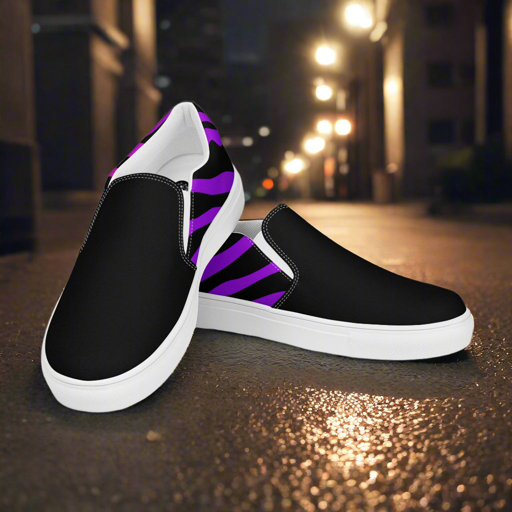 Women’s Animal Print, Slip-on Canvas Shoes, Purple Zebra Pattern, Two-Tone