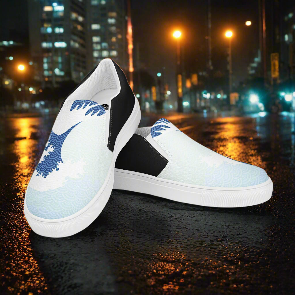 Women’s Custom, Slip-on Canvas Shoes, Asian Print, Tsunami Great Wave Two Tone