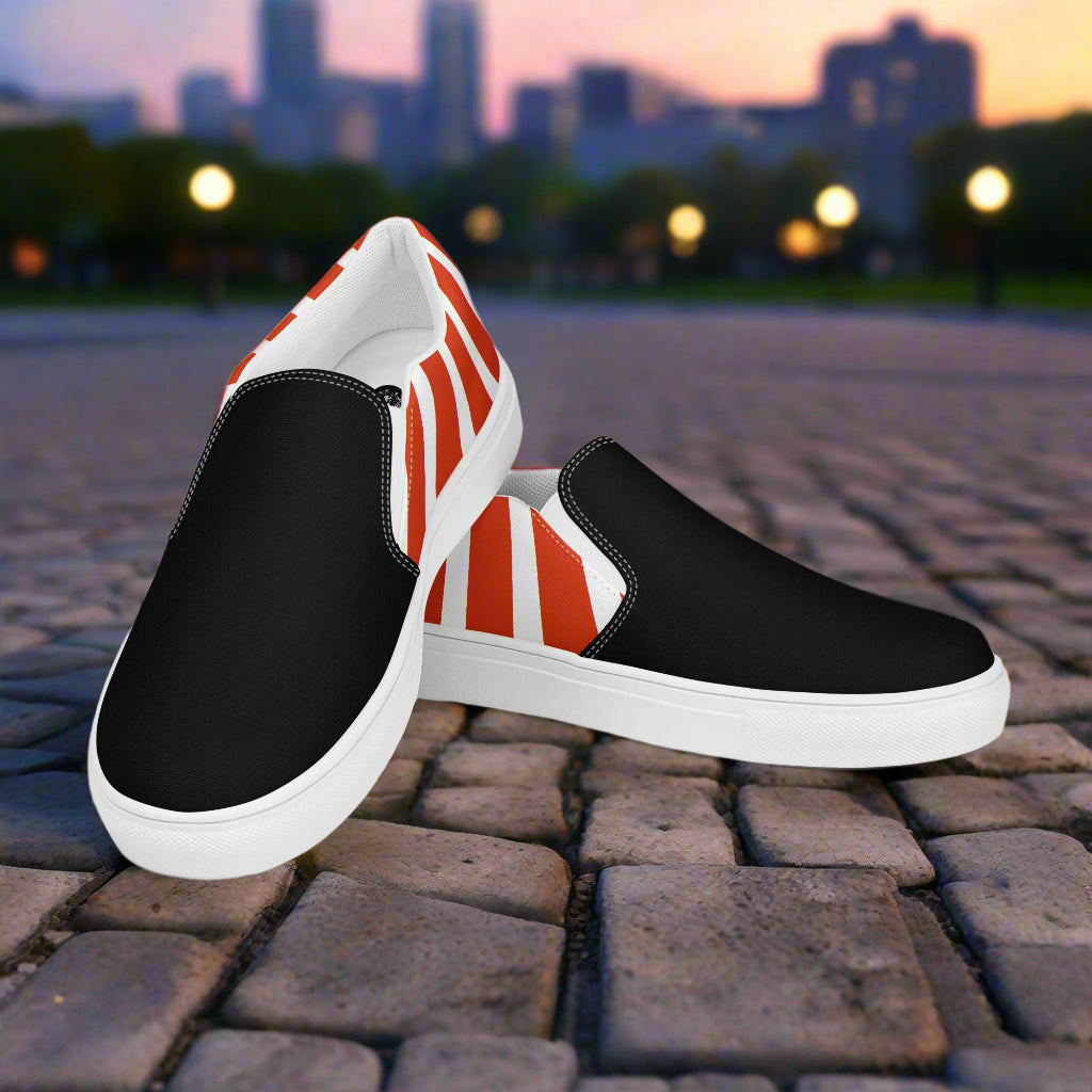 Women’s Custom, Slip-on Canvas Sneakers, Asian Print, Japanese Rising Sun, Two-Tone
