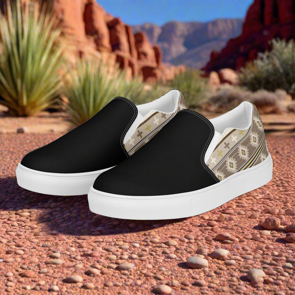 Women’s Southwest Print, Slip-on Canvas Shoes, Native American, Geometric Pattern, Kewa Two-Tone