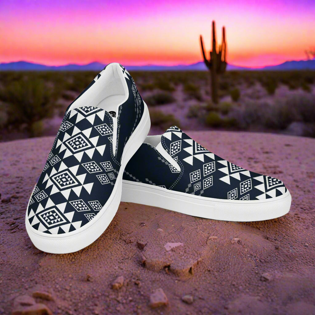 Women’s Southwest Print, Custom Slip-on Canvas Shoes, Native American Geometric Pattern, Black, White and Gray