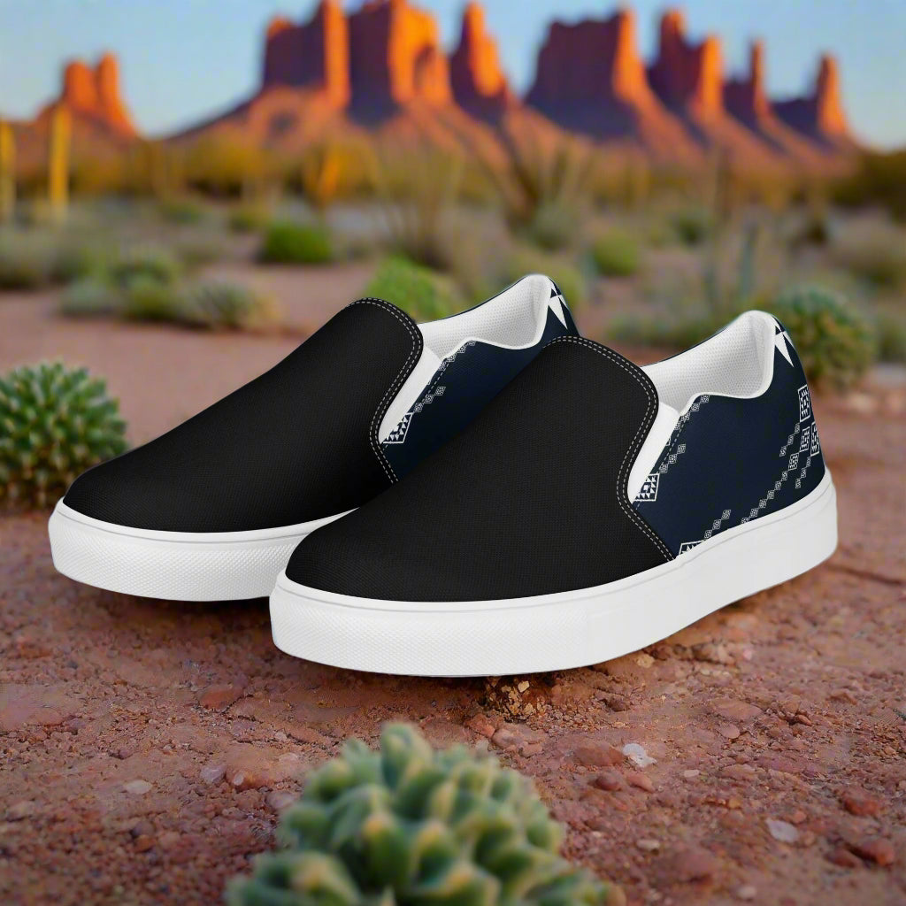 Women’s Southwest Print, Custom Slip-on Canvas Shoes, Native American Geometric Pattern, Durango, Two-Tone