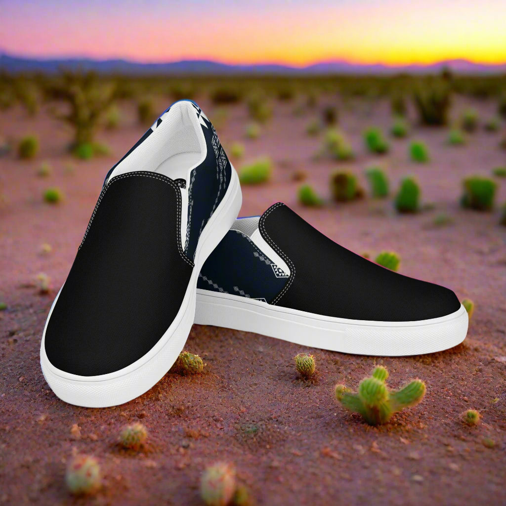 Women’s Southwest Print, Custom Slip-on Canvas Shoes, Native American Geometric Pattern, Durango, Two-Tone