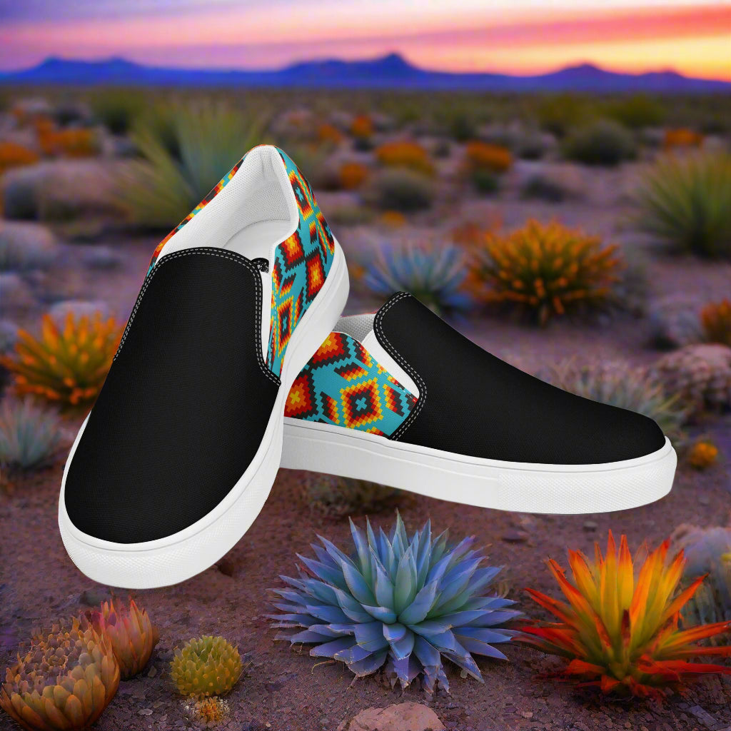 Women’s Southwest Print, Slip-on Canvas Shoes, Turquoise with Orange Native American, Geometric Pattern, Huichol, Two-Tone