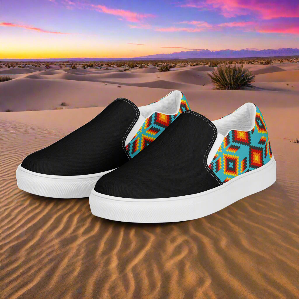 Women’s Southwest Print, Slip-on Canvas Shoes, Turquoise with Orange Native American, Geometric Pattern, Huichol, Two-Tone