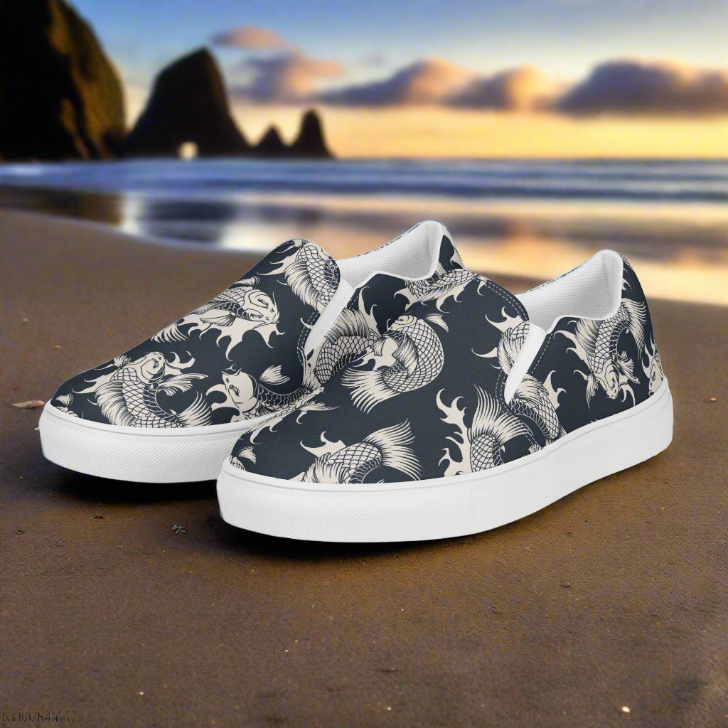 Women’s Designer, Slip-on Canvas Shoes, Black with White Koi Swimming, Asian Pattern Sneakers